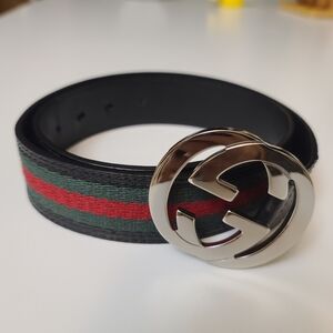 COPY  Black and Green Belt with Silver GG Buckle